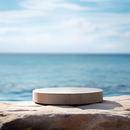 Wooden round podium on the background of the sea and blue skyの素材