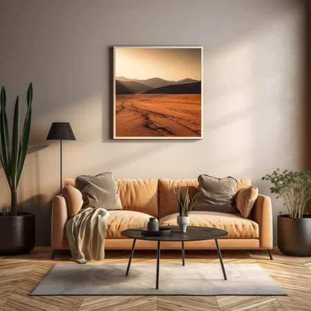Interior of modern living room with brown sofa, coffee table and plants. Mock up, 3D Renderingの素材