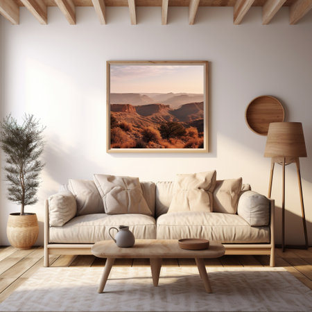 interior with sofa, lamp and photo frame. 3d renderの素材