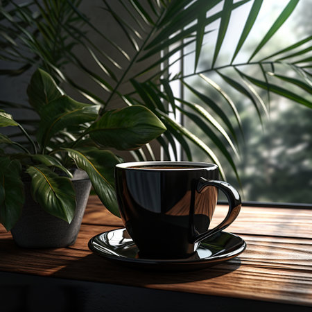 Cup of coffee on wooden table near window with tropical palm leavesの素材