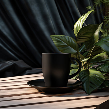 Black cup of coffee on wooden table with green plant. 3d renderの素材