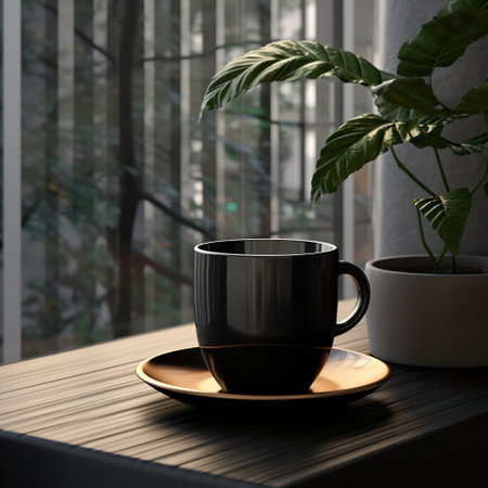 Coffee cup on the wooden table in front of window.の素材