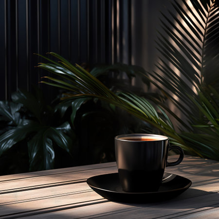 Cup of black coffee on wooden table in dark room with palm leavesの素材