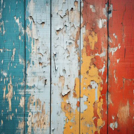 Old wooden background with peeling paint. Colorful wooden background.の素材