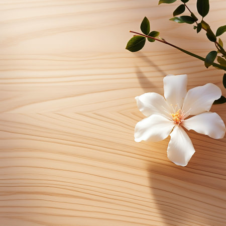 White flower on a wooden background. Flat lay, top view.の素材