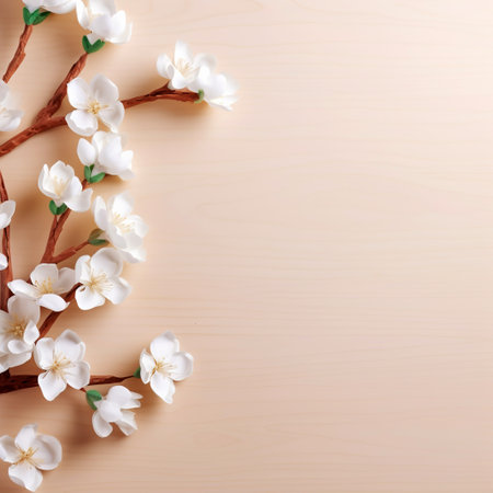 White flowers of jasmine on wooden background. Flat lay, top view.の素材