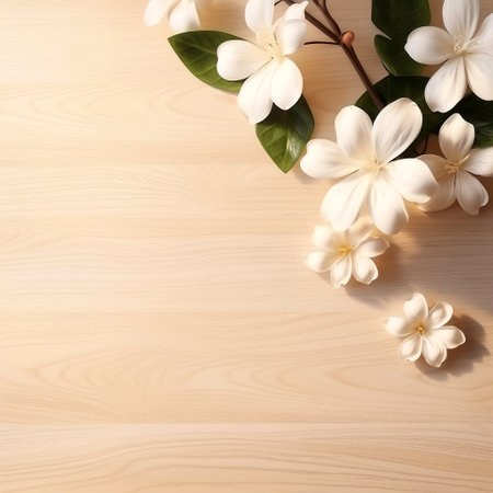 Wooden background with white flowers and copy space for your text.の素材