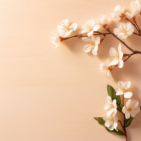 Cherry blossom branch on wooden background with copy space for textの素材