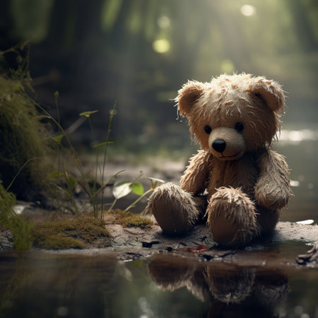 Teddy bear sitting in the forest with reflection in the water.の素材