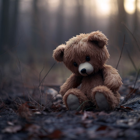 Teddy bear sitting on the ground in the forest at sunset.の素材