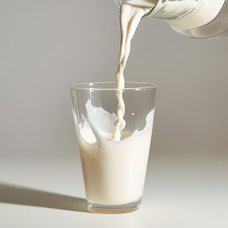 Pouring milk into a glass on a gray background. Vertical orientation.の素材
