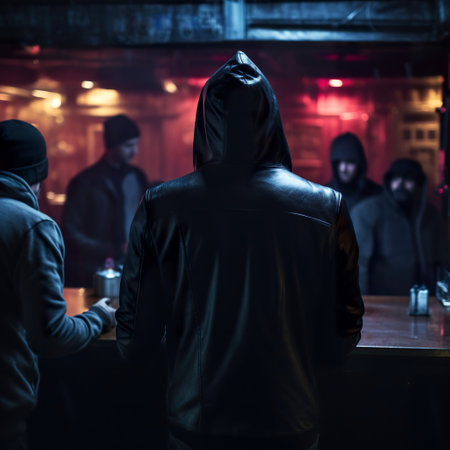 Hooded man with hoodie standing in front of a barの素材