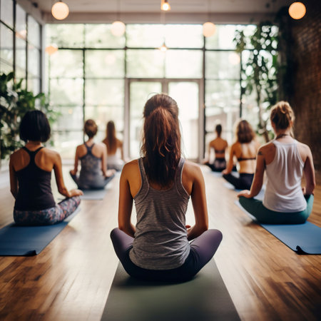 Rear view of a group of young women practicing yoga in a studioの素材