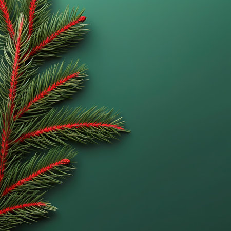 Christmas fir tree branch on green background. Top view with copy spaceの素材