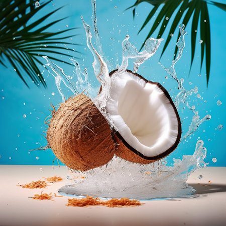 Coconut with splashes of water on a blue background.の素材