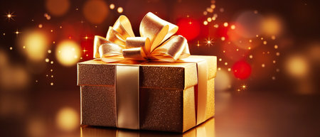 Gift box with golden bow on bokeh background. 3D renderingの素材