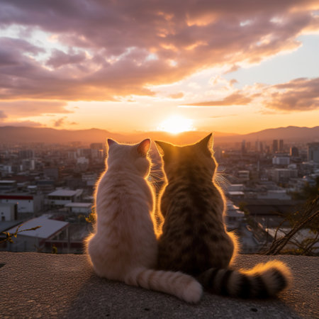 Two cats sit on the roof and look at the sunset in the city.の素材