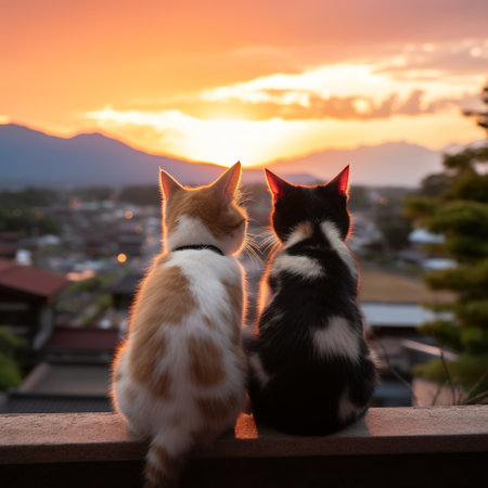 Two cats looking at the sunset in the town of Mae Hong Son, Thailand.の素材