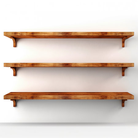 Wooden shelves on a white wall. 3d render illustration.の素材