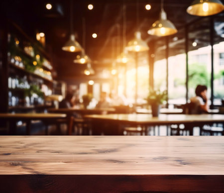 Empty wood table and Coffee shop blur background with bokeh image.の素材