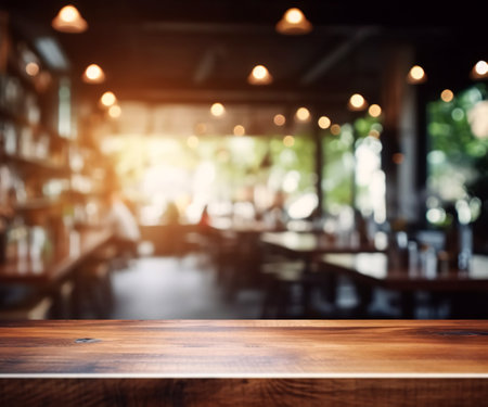 Empty wood table and Coffee shop blur background with bokeh image.の素材