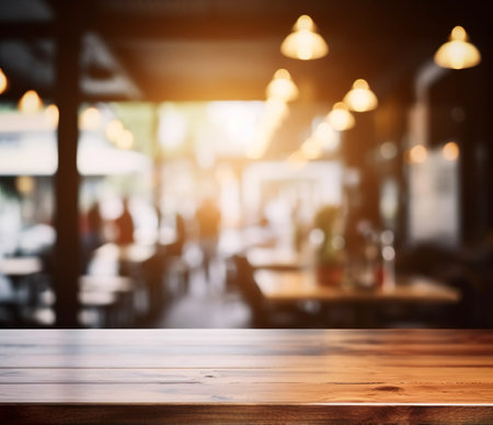 Empty wood table and Coffee shop blur background with bokeh image.の素材