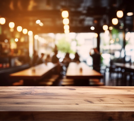 Empty wood table and Coffee shop blur background with bokeh image.の素材