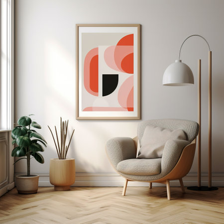 Interior of modern living room with white walls, wooden floor, comfortable armchair and paintings. 3d renderの素材