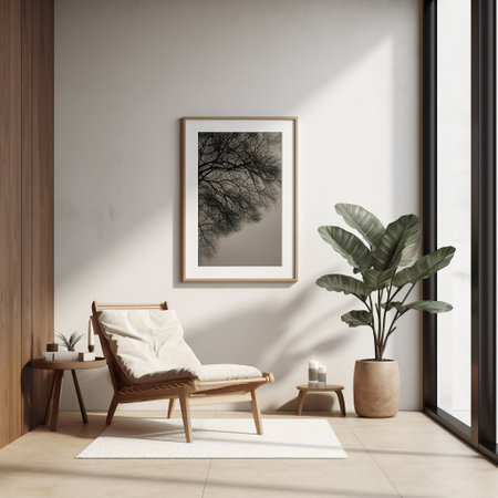 Interior of modern living room with white walls, tiled floor, comfortable armchair standing near coffee table and tropical plant. Vertical mock up poster frame. 3d renderingの素材
