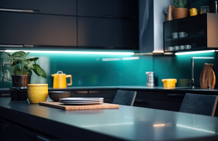 Blurred of kitchen with black countersの素材