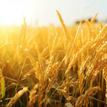 Golden ears of wheat on the field in the rays of the setting sun.の素材