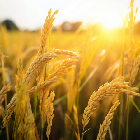 Golden ears of wheat on the field at sunset, close-upの素材