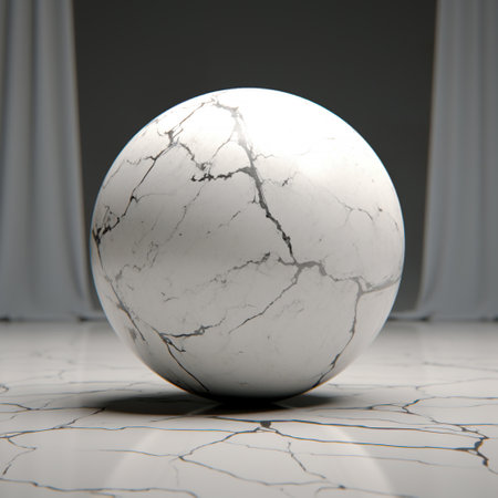 3d render of marble ball on white marble floor with curtain backgroundの素材