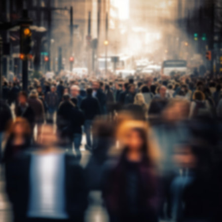 blurred crowd of people walking in the street, abstract urban backgroundの素材