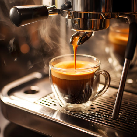 Coffee machine making espresso in a cup, close-upの素材