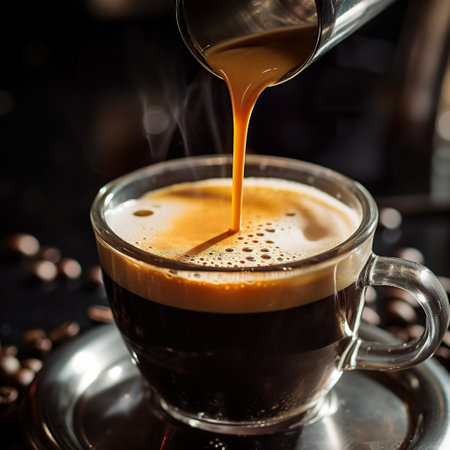Coffee pouring from a coffee machine into a cup of coffeeの素材