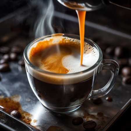 Coffee in a glass cup and coffee beans on a dark backgroundの素材