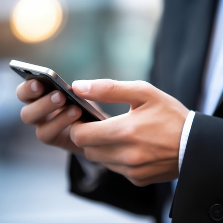 Close up of businessman using mobile smart phone. Businessman using smartphone.の素材