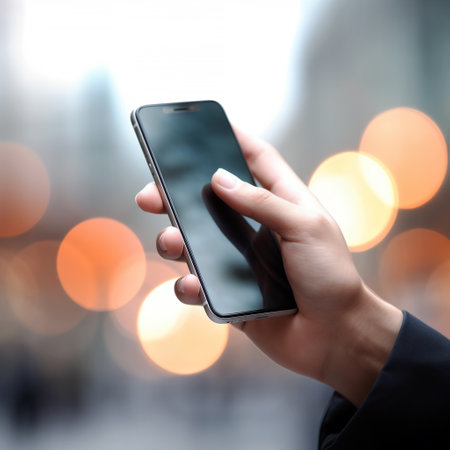 business woman hand holding smart phone with bokeh light background.の素材