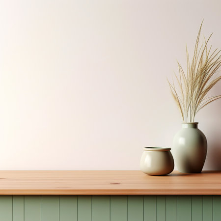 3d render of vase with dry grass on wooden table.の素材