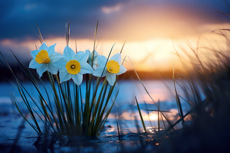Narcissus flowers on the lake at sunset. Nature background.の素材