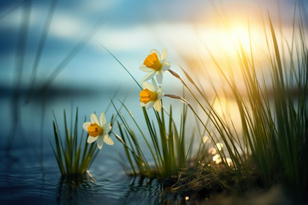 Narcissus flowers in the water at sunset. Spring concept.の素材