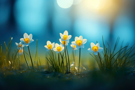 White crocus flowers in green grass with bokeh background.の素材