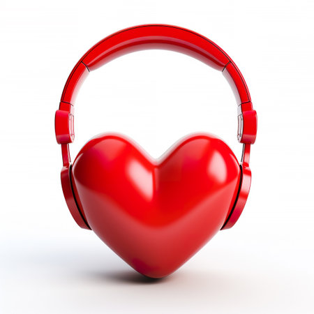 Red heart and red headphones on white background. 3D illustration.の素材