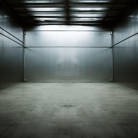 Interior of an empty room with concrete floor and metal walls.の素材