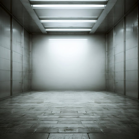 Interior of an empty office building with a concrete floor and wallの素材