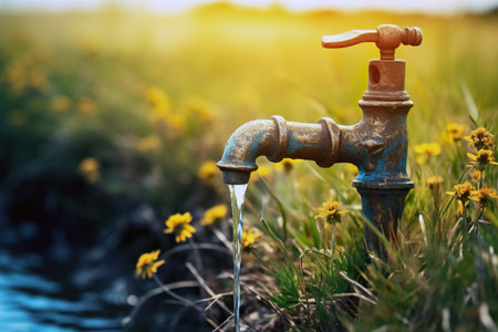 Water tap and yellow flowers in the meadow. Selective focus.の素材