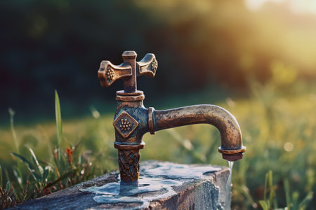 Old rusty faucet in the meadow at sunset. Selective focus.の素材