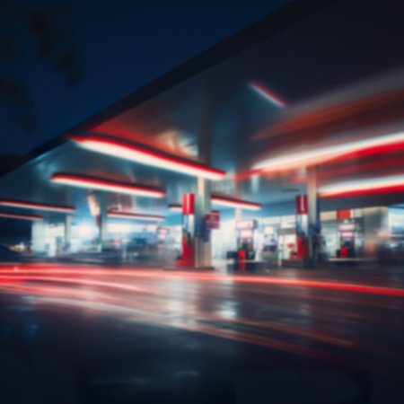 Blurred image of gas station at night time. Abstract background.の素材