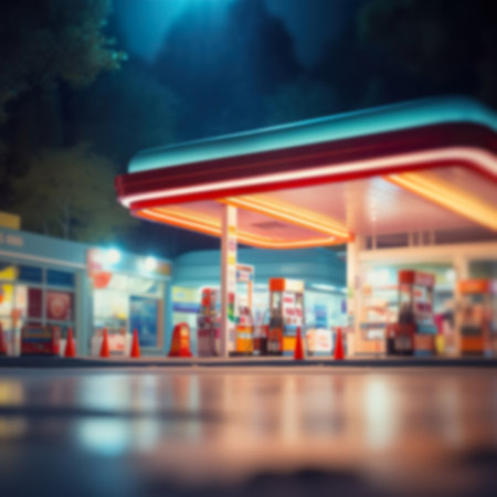 Blurred image of gas station at night with bokeh.の素材